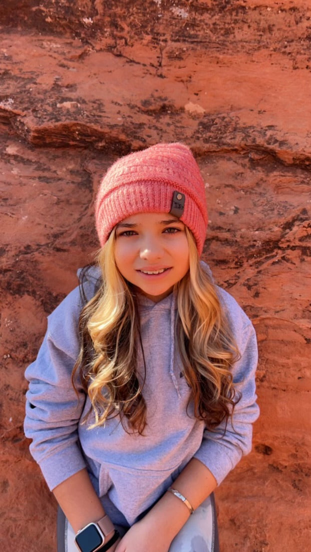 Salmon Pink Beanie With "TOFU" Leather Logo