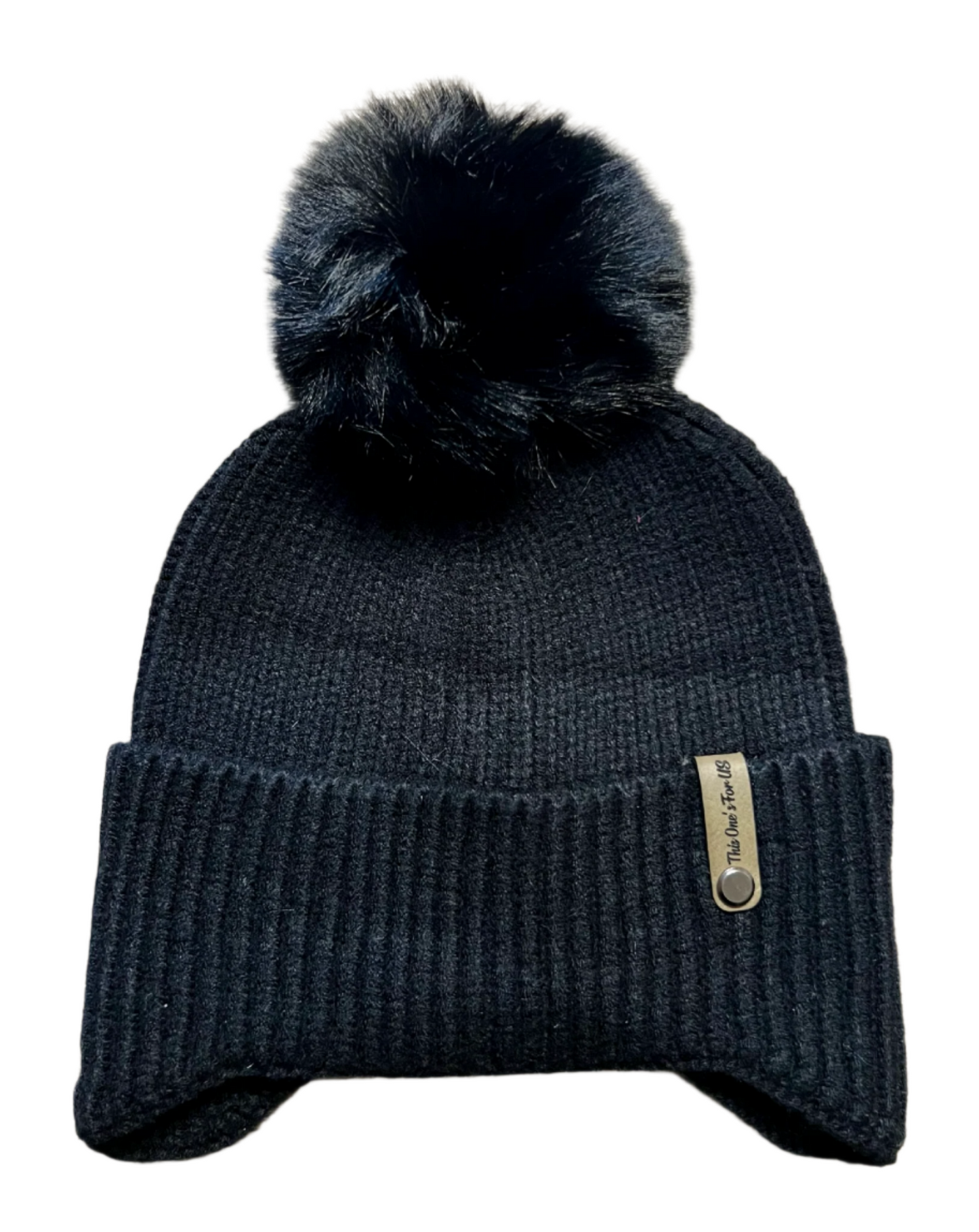 Kids Black Beanie With "This Ones For Us" Leather logo
