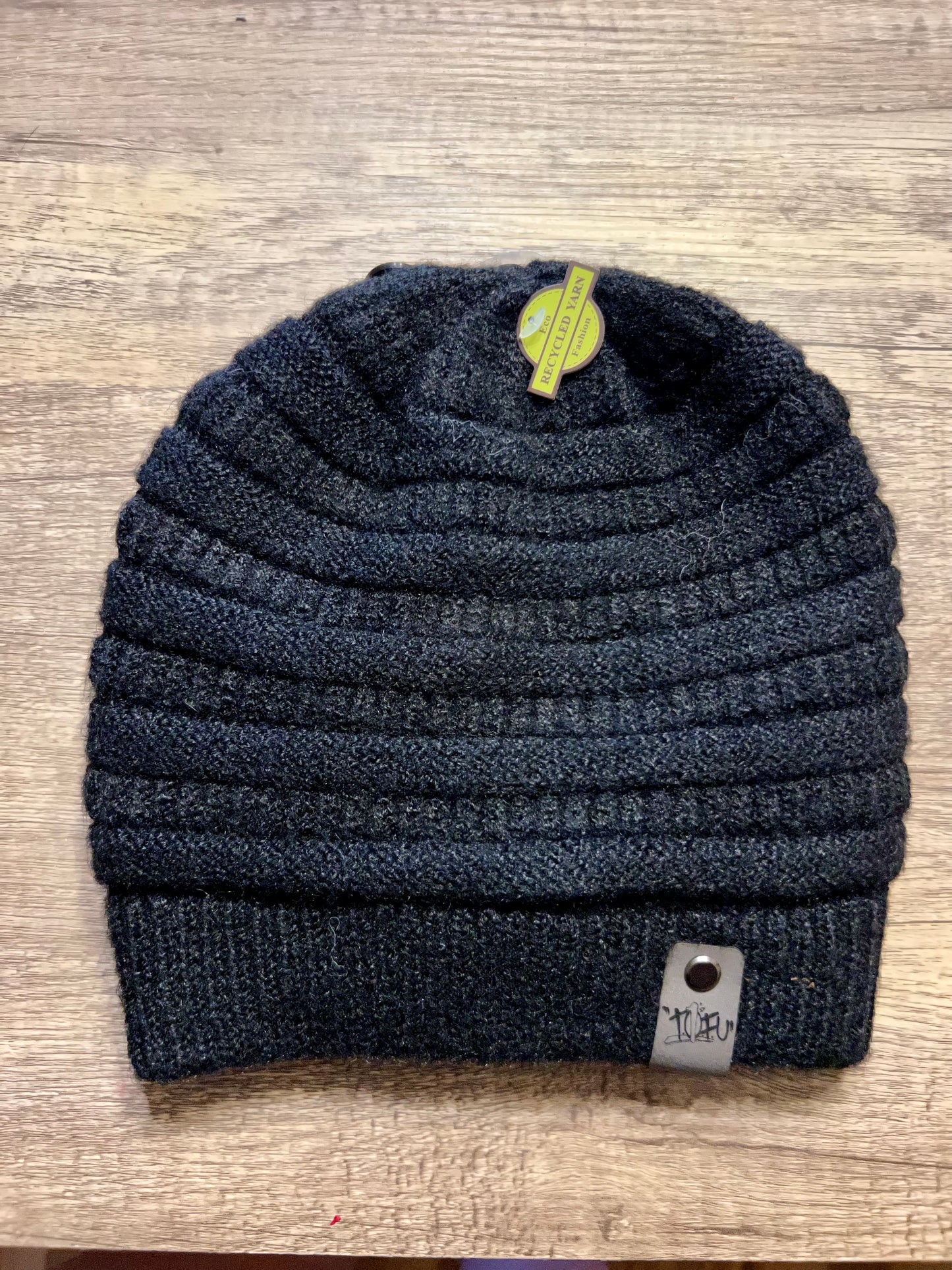 Black Wool With "TOFU" Leather Logo Beanie