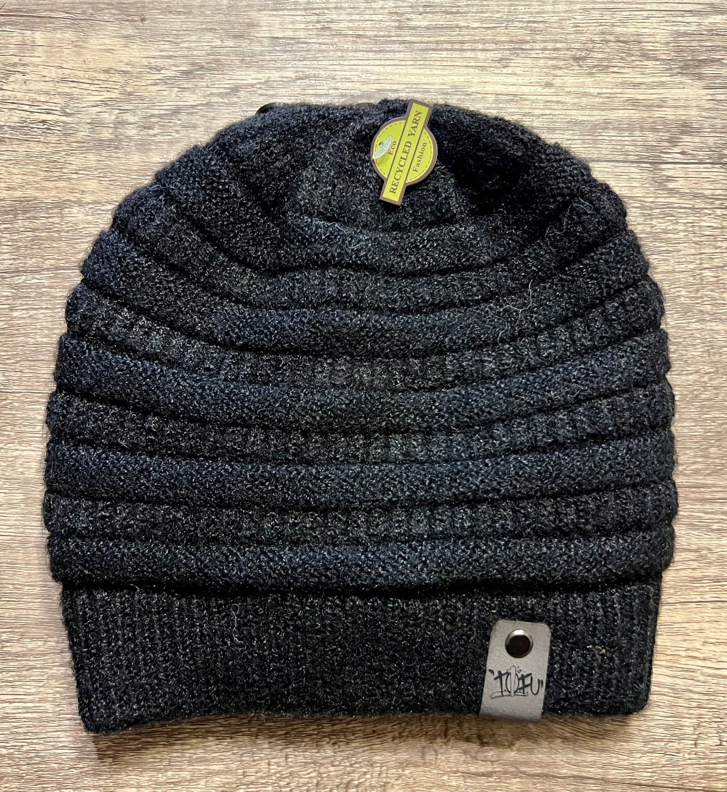 Black Wool With "TOFU" Leather Logo Beanie