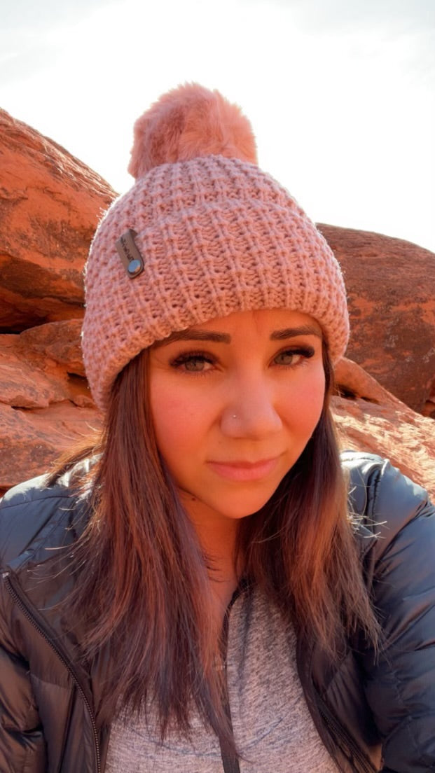 Pink Woman's Beanie With "This Ones For Us" Leather Logo