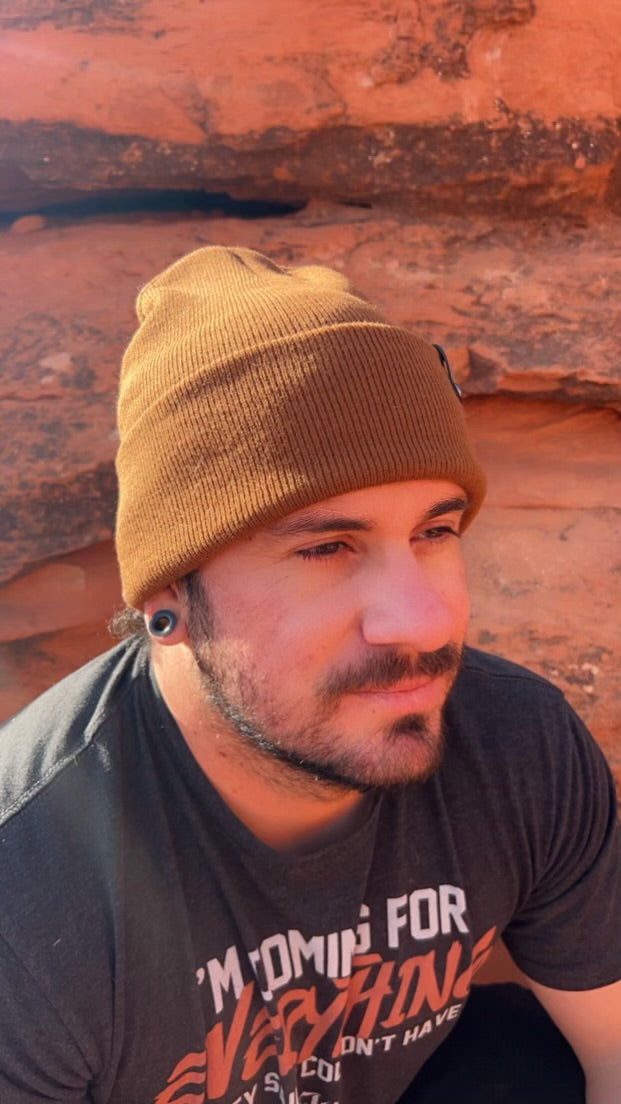 Brown Beanie With "This Ones For Us" Leather Logo