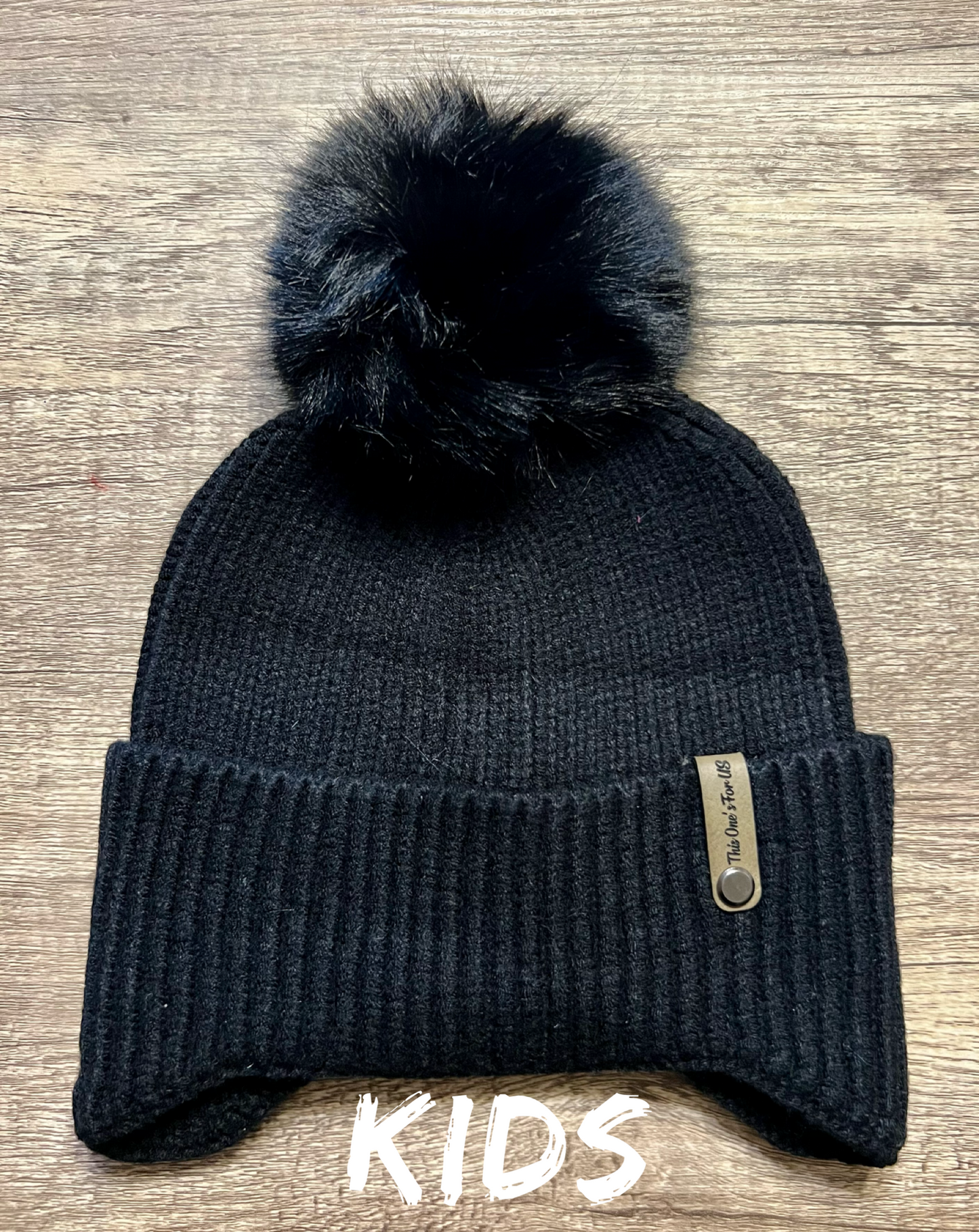 Kids Black Beanie With "This Ones For Us" Leather logo